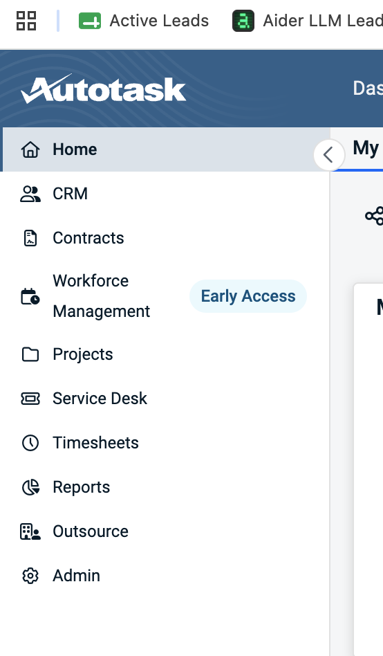 Autotask left navigation with Home selected