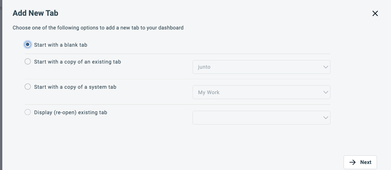 Add New Tab dialog with Start with a blank tab selected