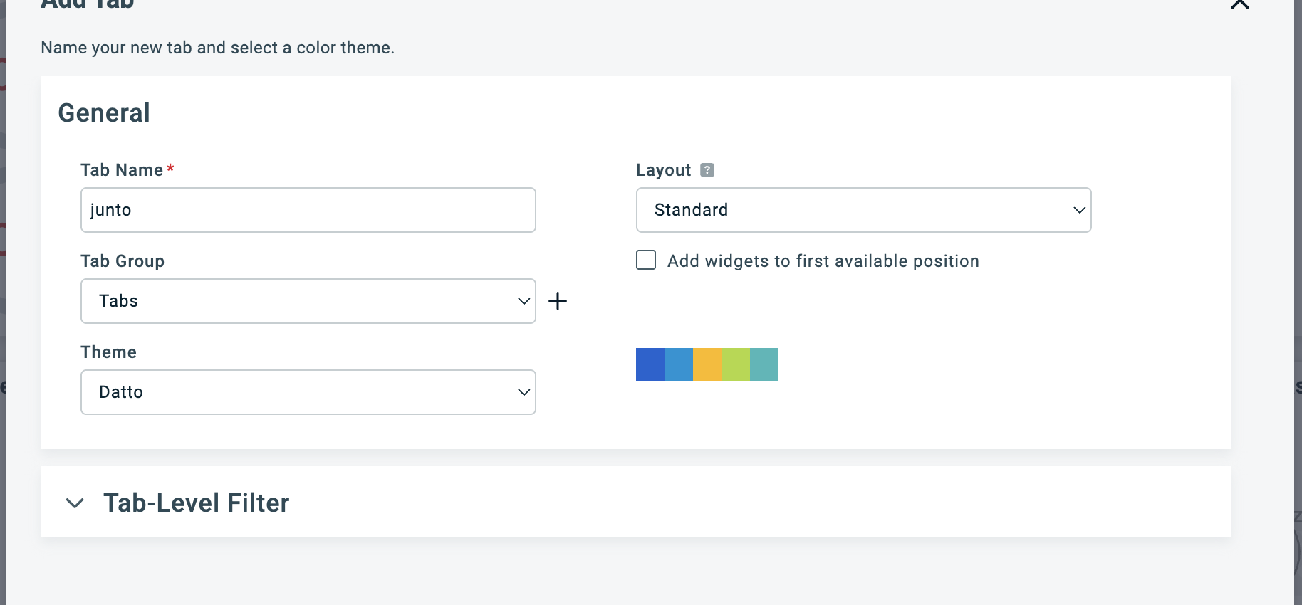 Add Tab General section with Junto entered as the tab name