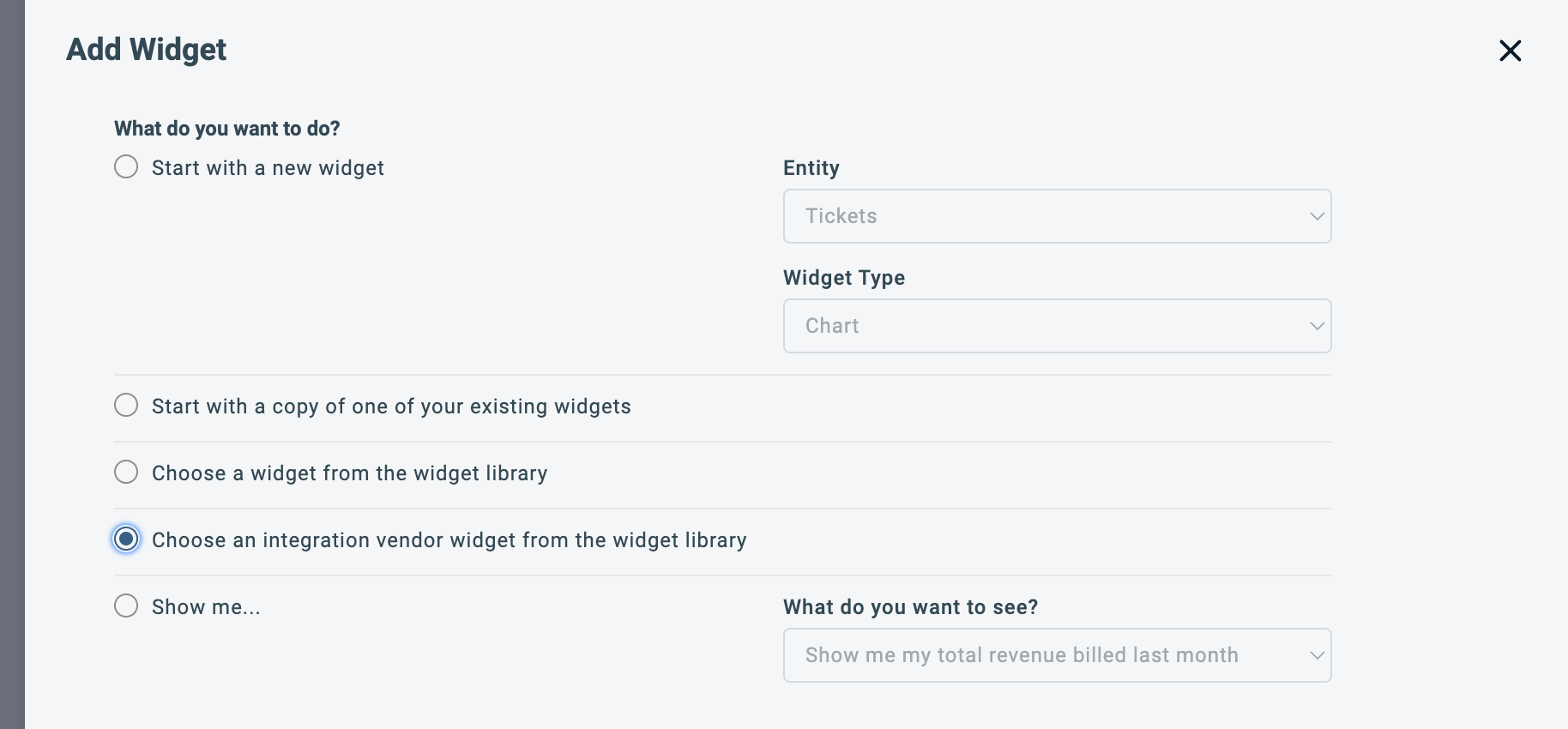 Add Widget dialog with Choose an integration vendor widget selected