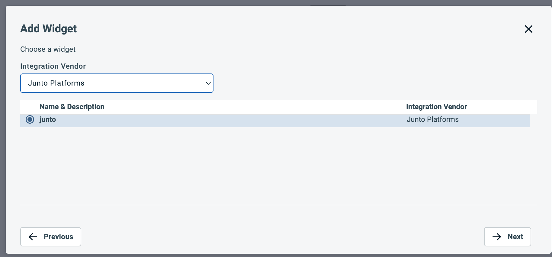 Choose a widget step with Junto Platforms vendor and the junto widget selected