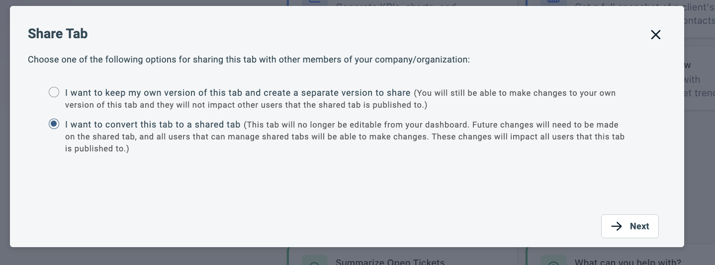 Share Tab dialog with "convert this tab to a shared tab" selected