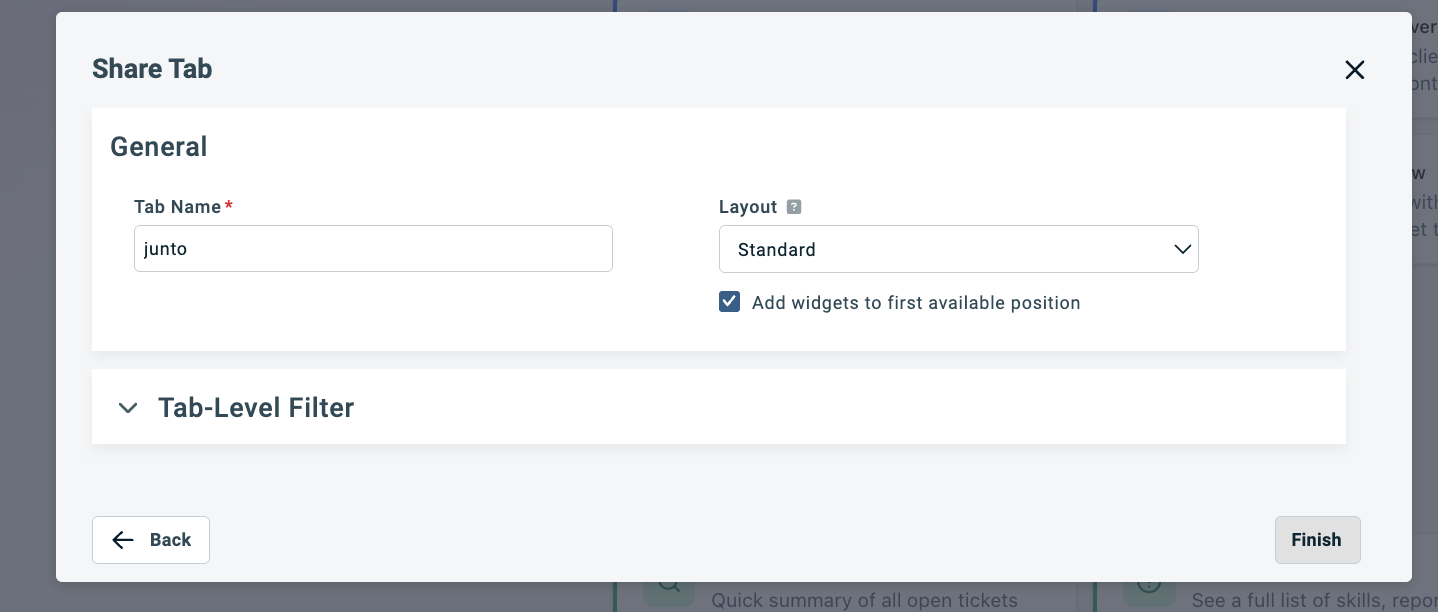 Share Tab General step with the junto tab name and Finish button