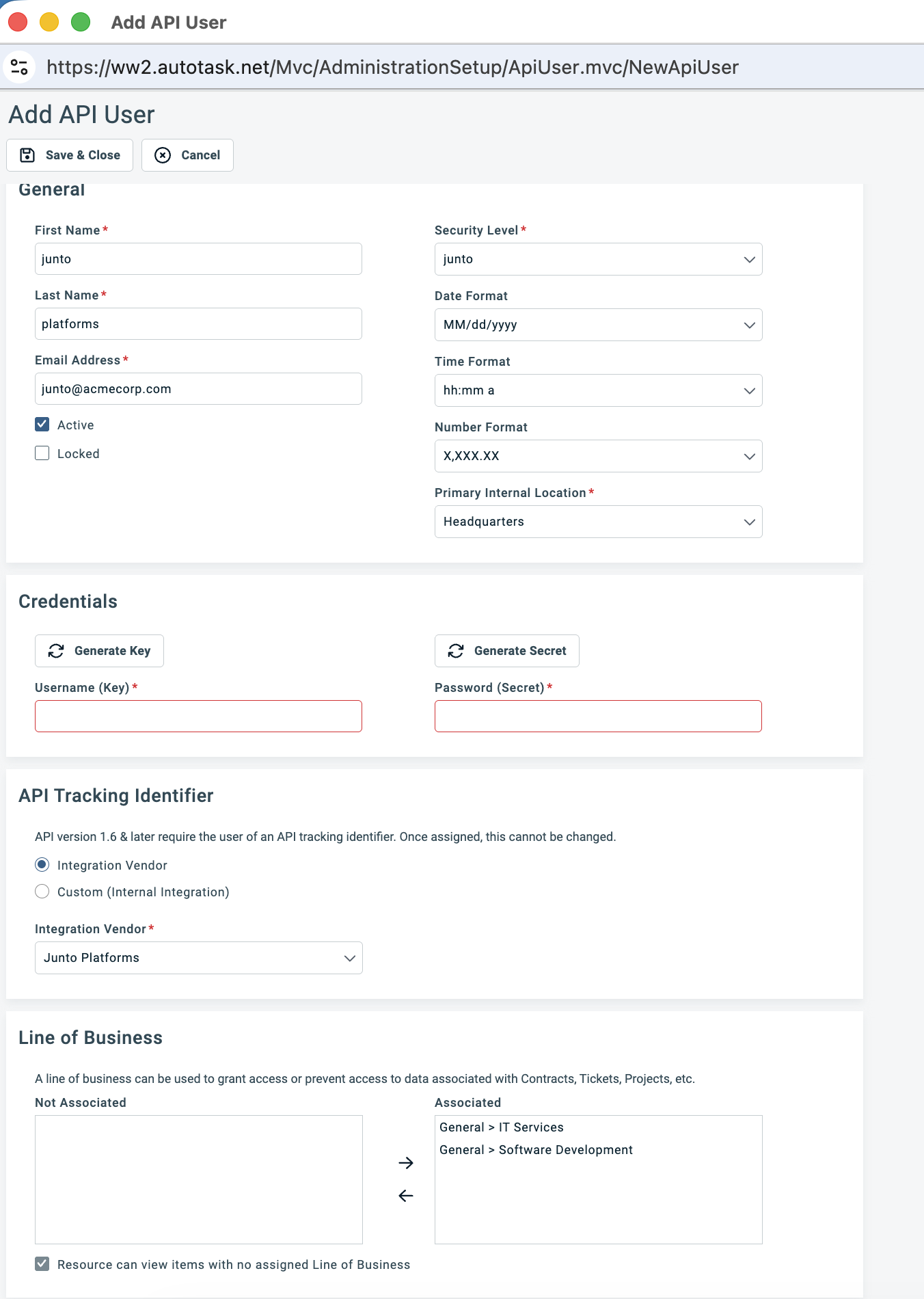 Add API User form with the junto security level, Junto Platforms integration vendor, and an associated line of business