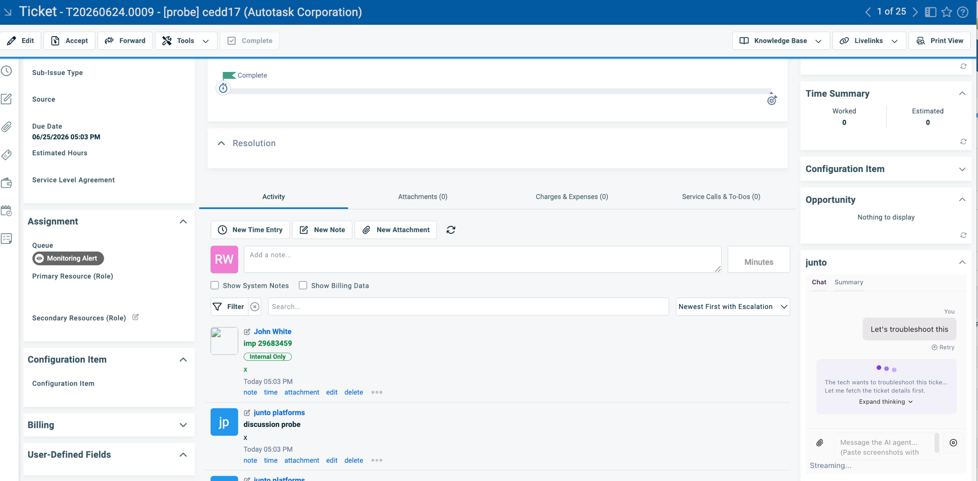 Junto Insight panel embedded on an Autotask ticket, showing the Chat and Summary tabs with an active conversation