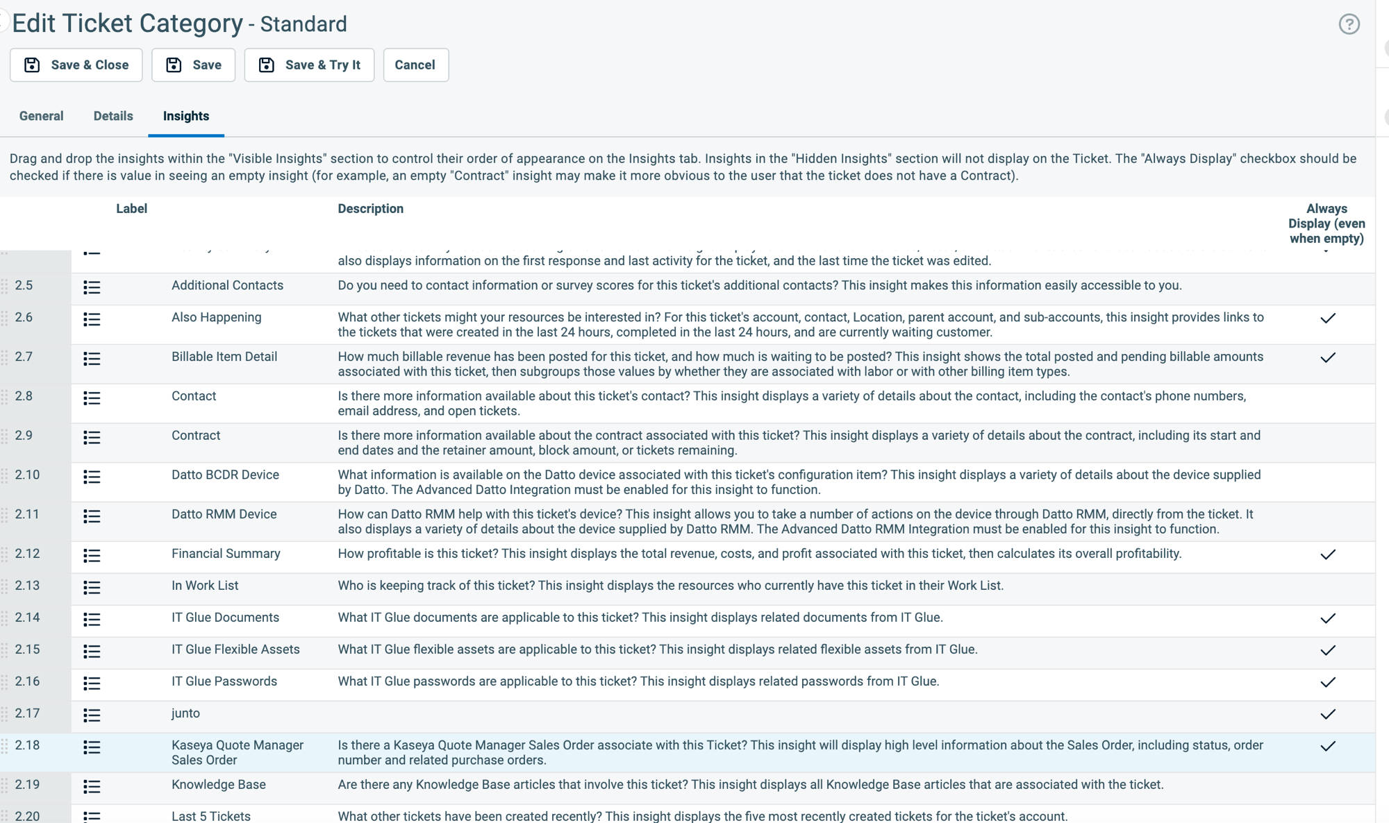 Edit Ticket Category Insights tab showing the junto insight in the list