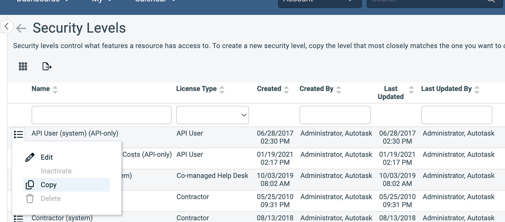 Security Levels list with the API User (system) (API-only) row menu open and Copy highlighted