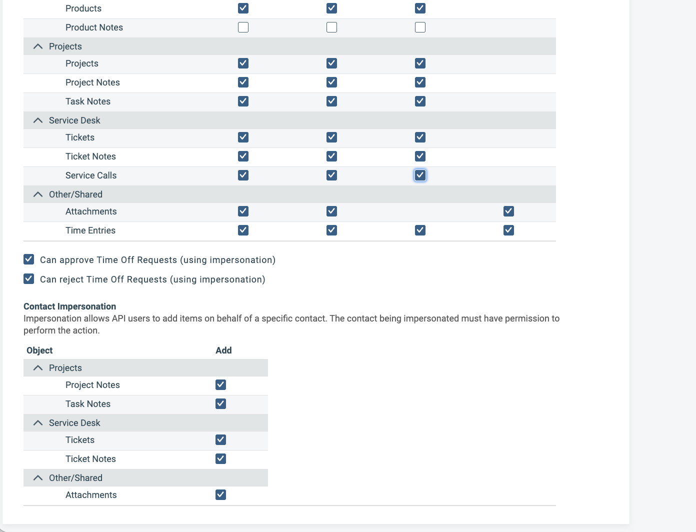 Resource and Contact Impersonation permissions checked under Web Services API