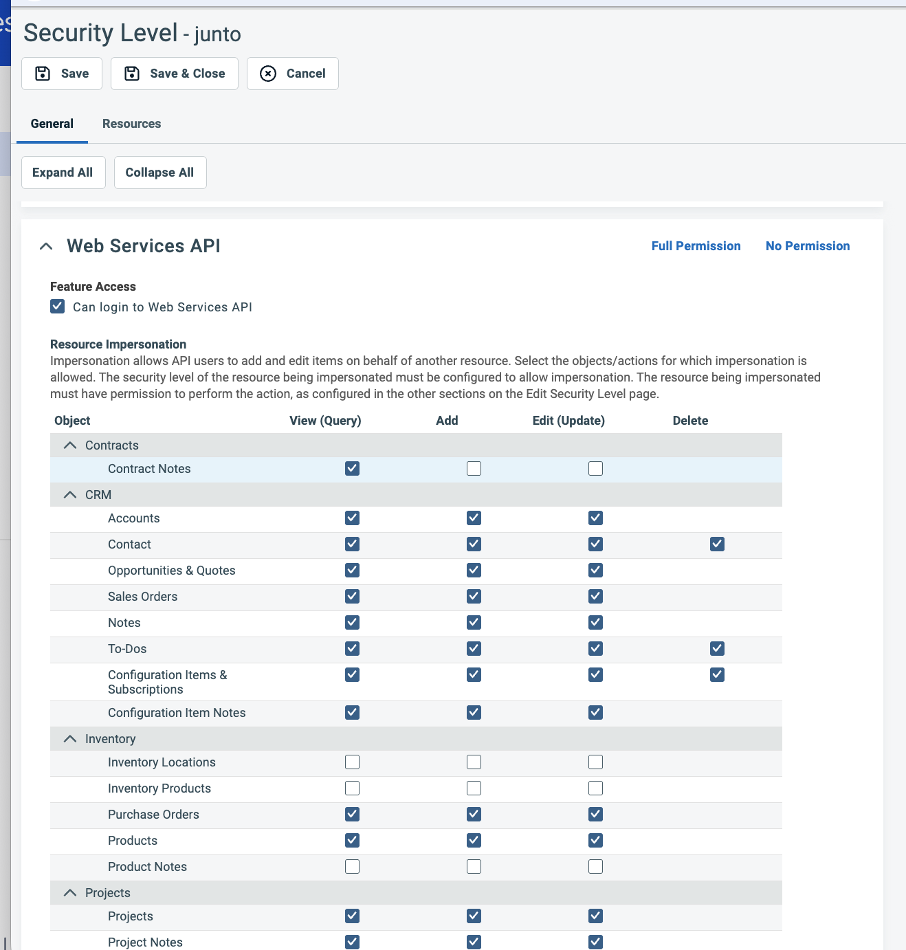 Web Services API section with Resource Impersonation permissions checked