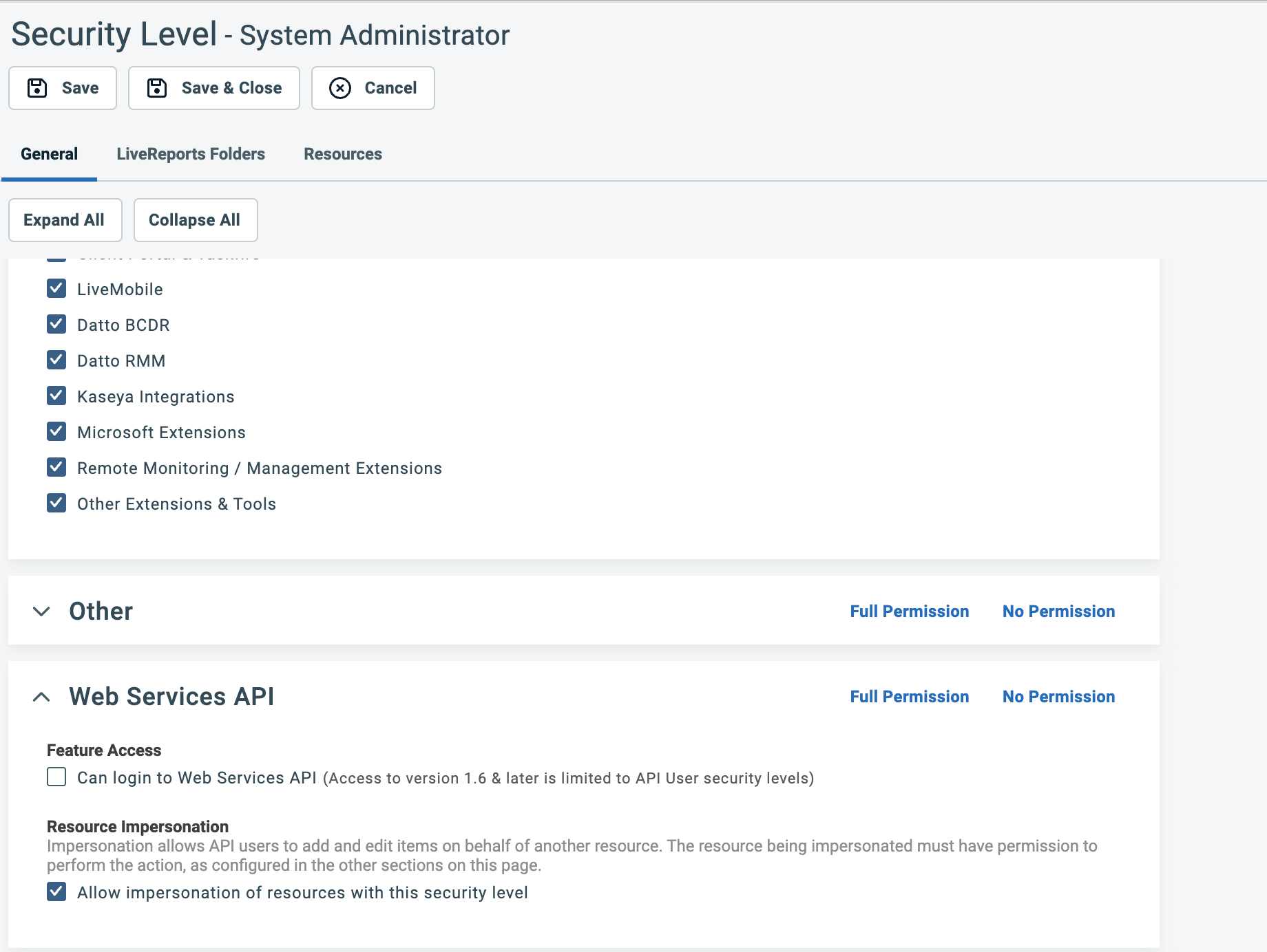 Web Services API section with the Allow impersonation checkbox checked