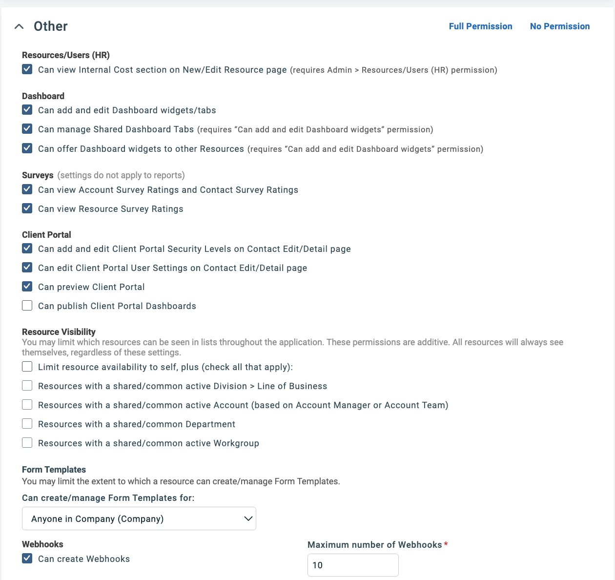 Other section with Can create Webhooks enabled and Maximum number of Webhooks set to 10