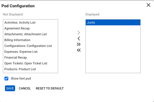 ConnectWise Pod Configuration dialog with Junto moved to the Displayed list