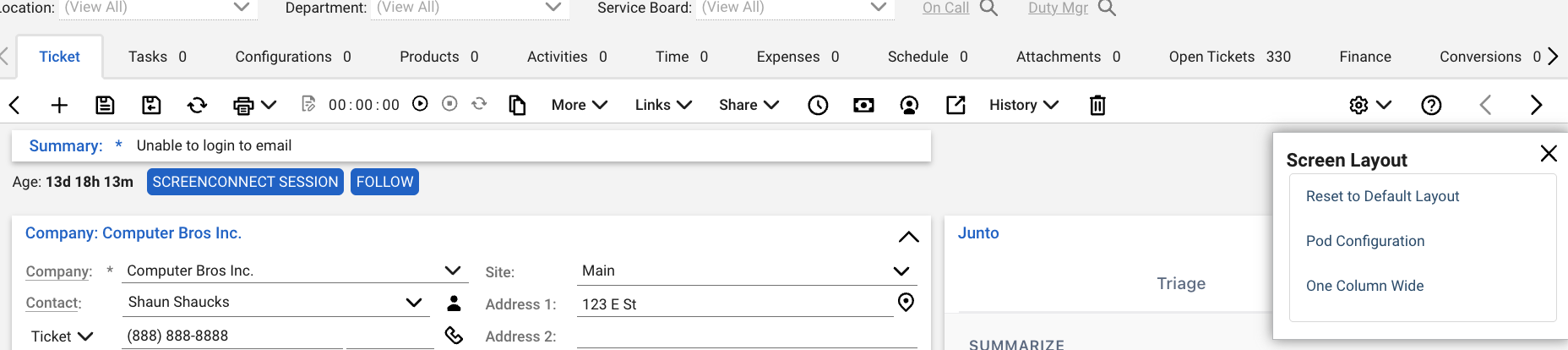 ConnectWise service ticket with the gear icon menu open, showing Screen Layout options including Pod Configuration