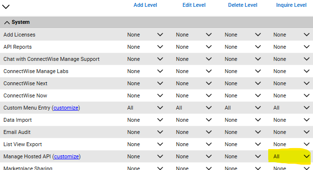 ConnectWise security role System section with the Manage Hosted API row set to Inquire Level All