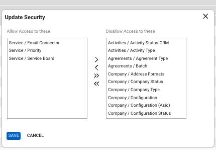 Table Setup Customize — allow only Service / Email Connector
