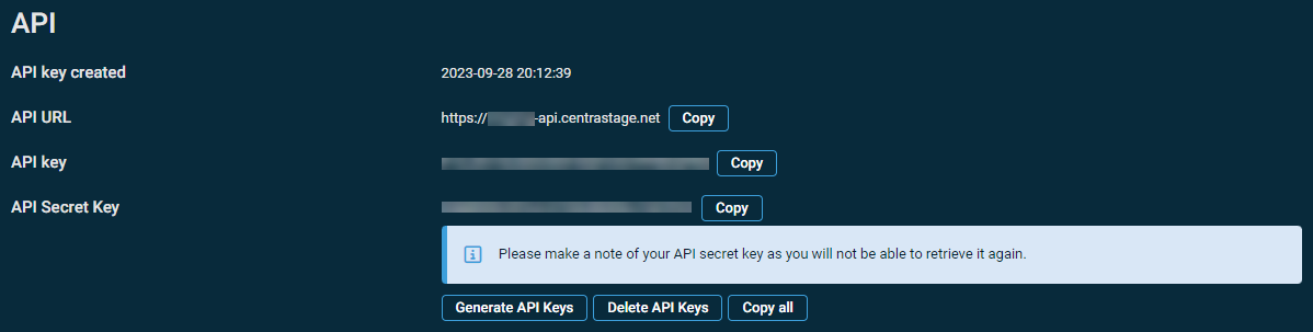 Datto RMM API page showing the API URL, API Key, and API Secret Key with Generate API Keys button
