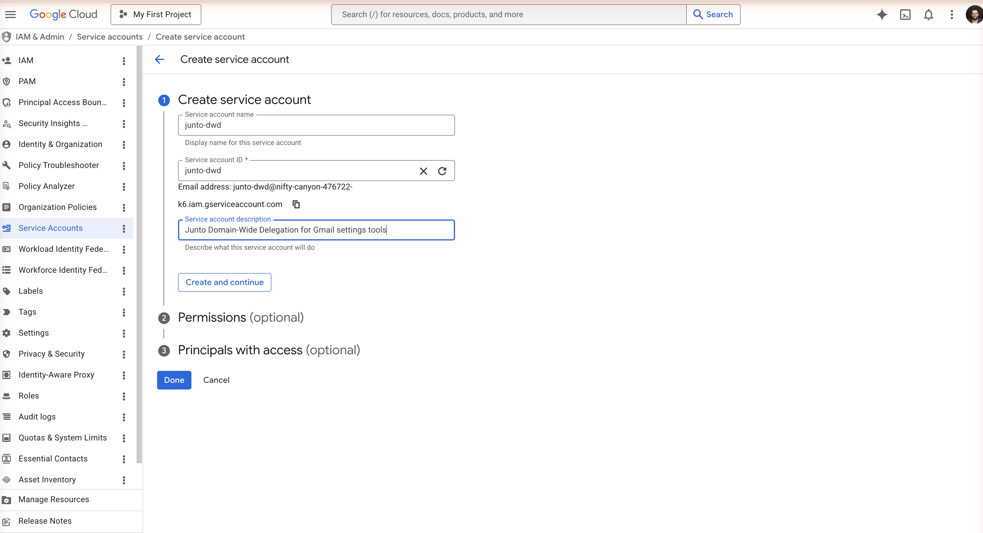 Google Cloud Console Create service account form
