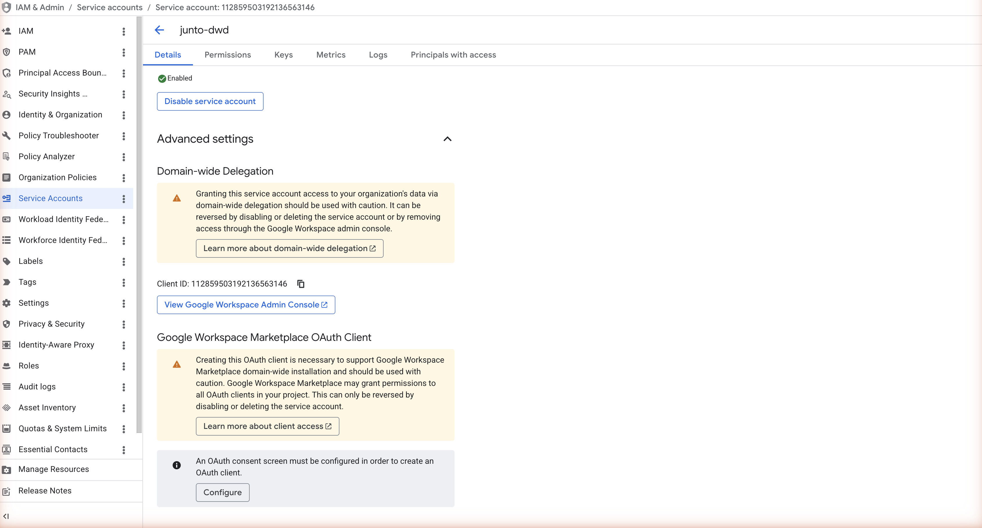 Service account details showing Domain-wide Delegation Client ID