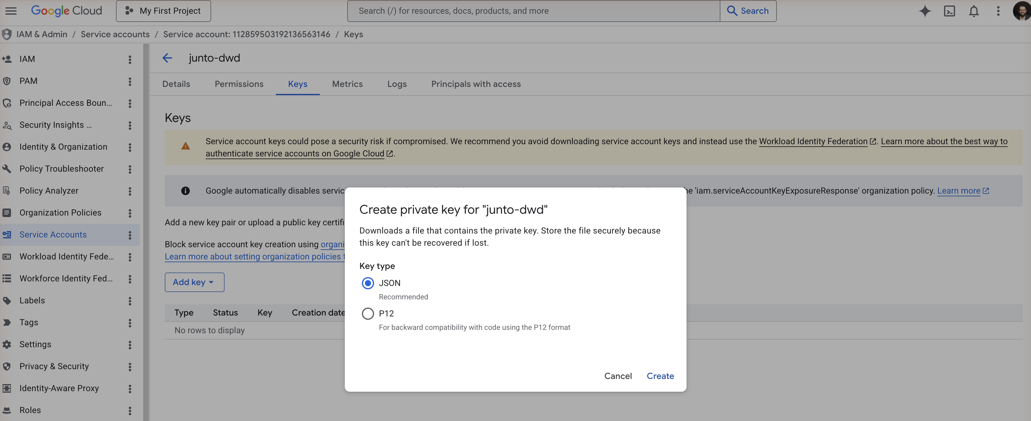 Create private key dialog with JSON selected