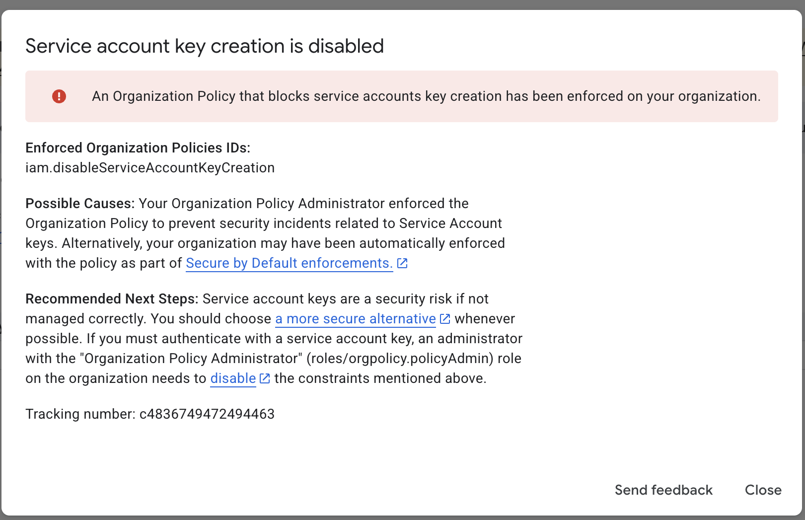 Service account key creation is disabled error