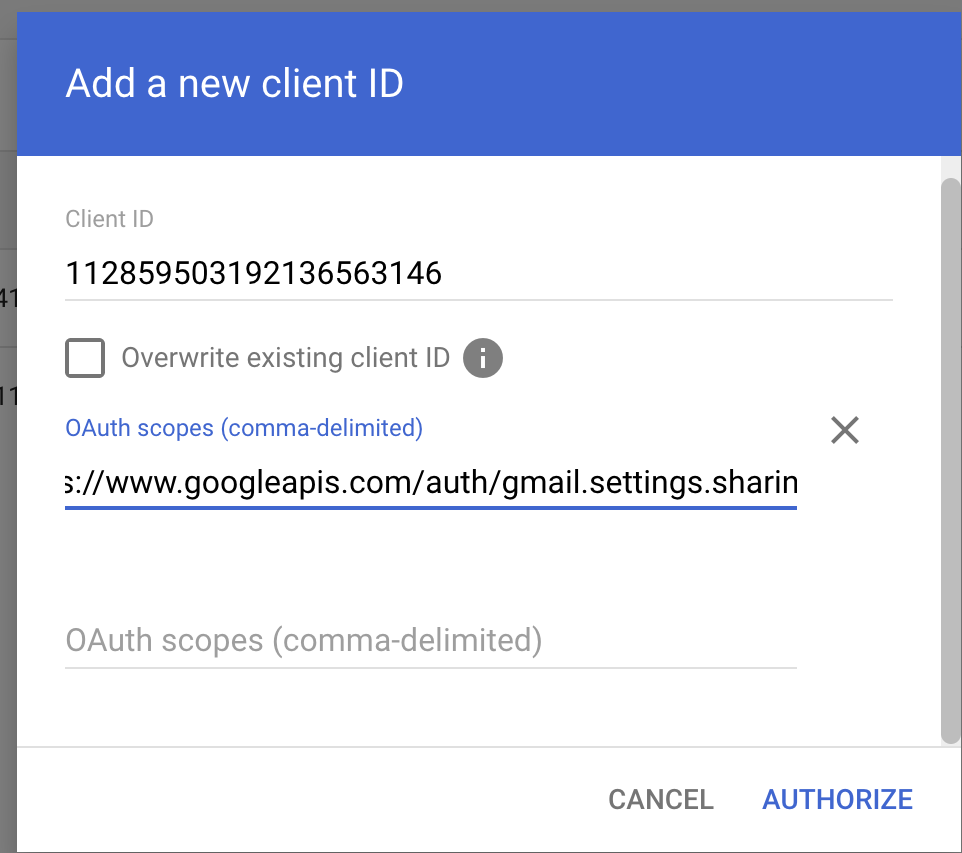 Add new client ID dialog with Client ID and two Gmail scopes