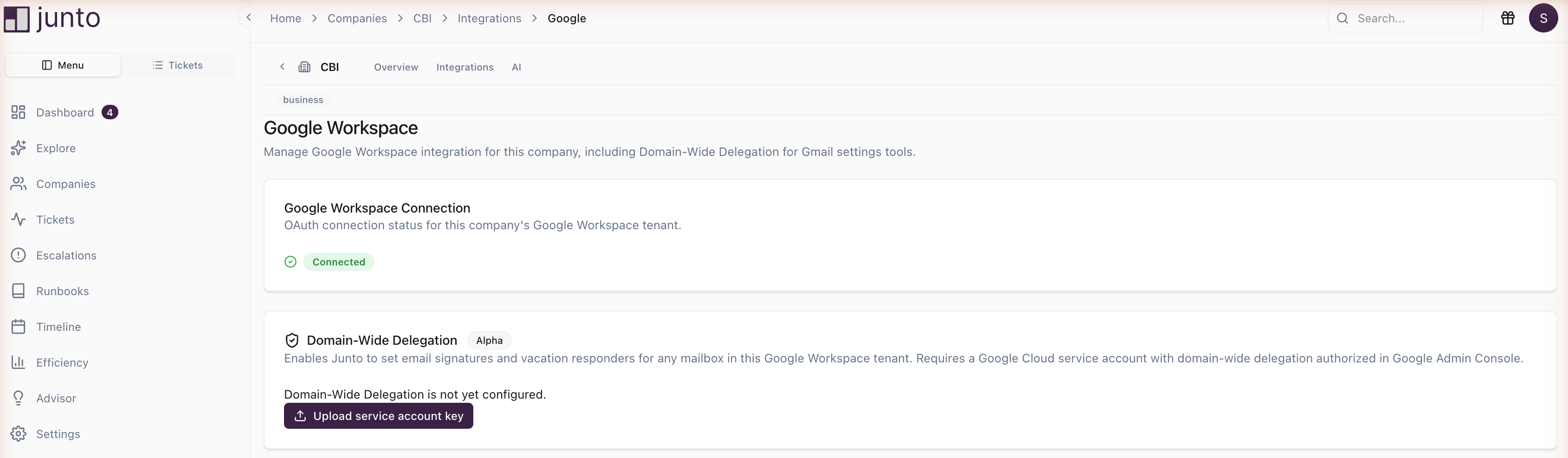 Junto Google Workspace integration page with DWD not yet configured