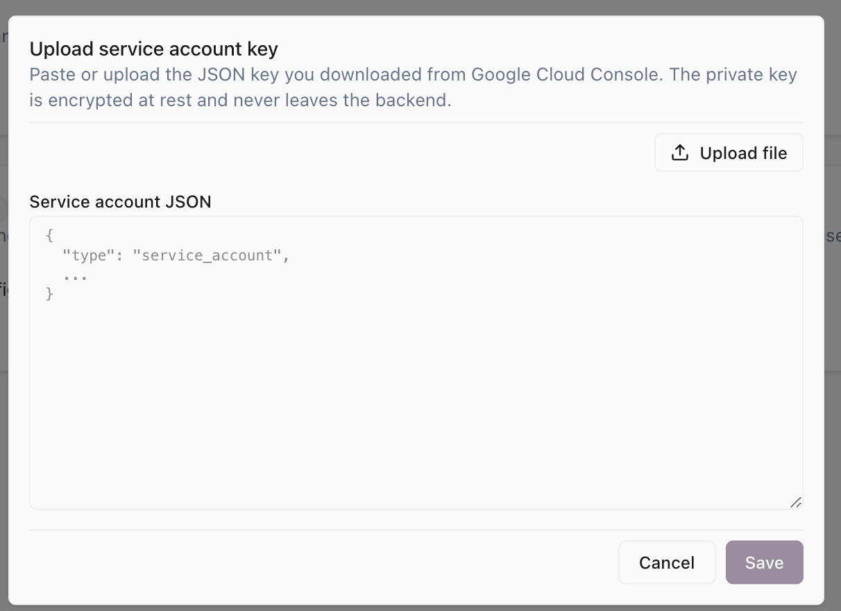 Upload service account key modal