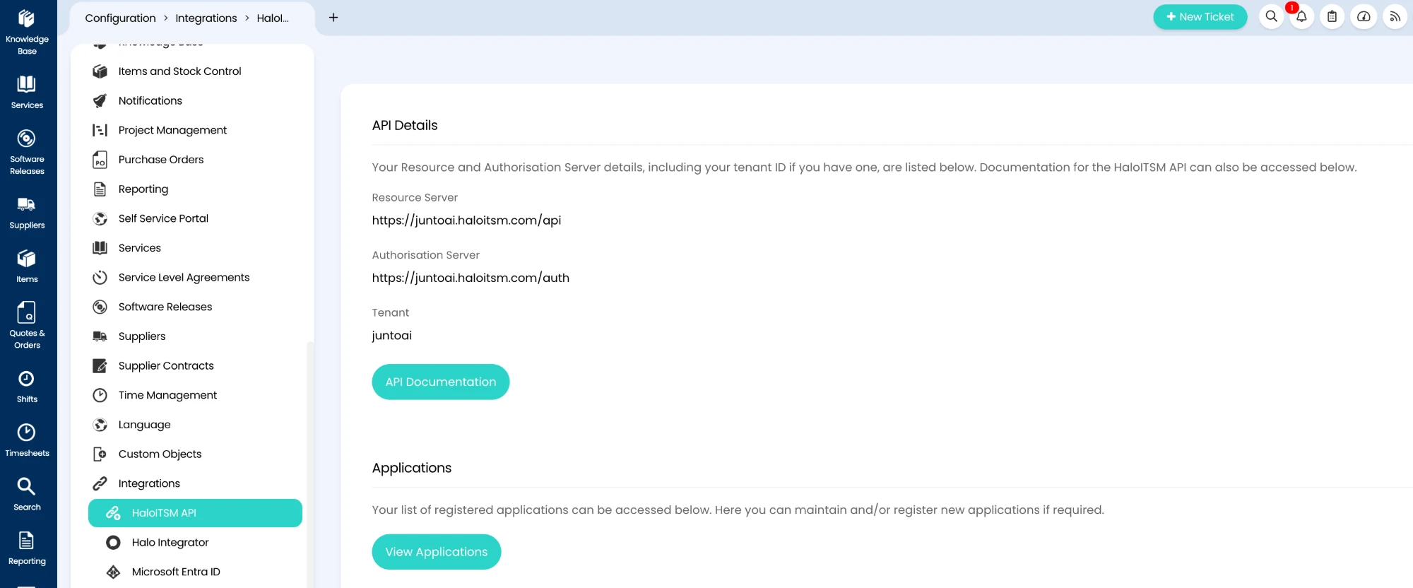 HaloITSM API page showing the Resource Server URL, Authorisation Server URL, Tenant, and the View Applications button