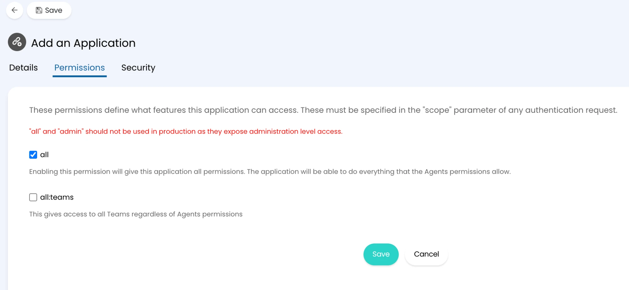 Add an Application Permissions tab with the all permission checked