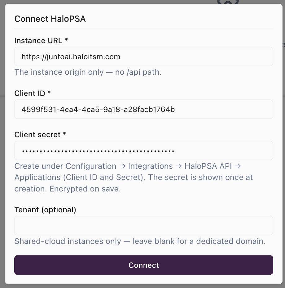 Connect HaloPSA dialog with the instance URL, client ID, client secret, and optional tenant fields